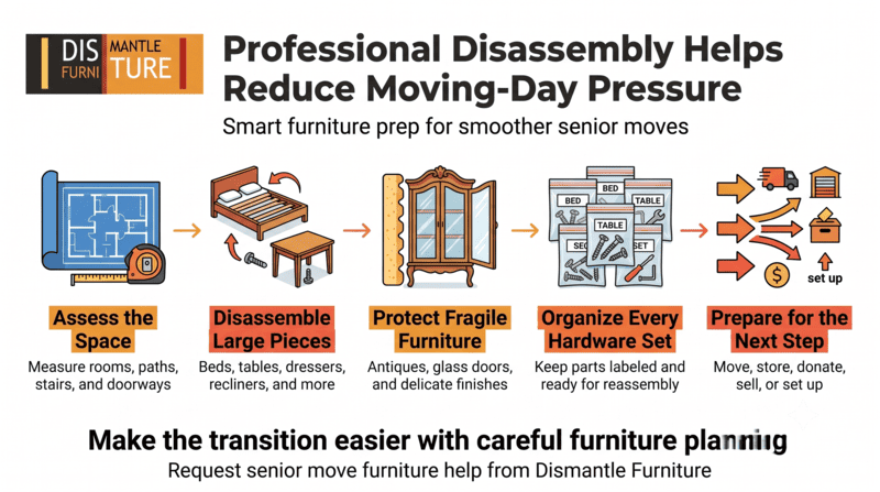 Infographic on professional furniture disassembly, with steps, icons, and orange-black title text