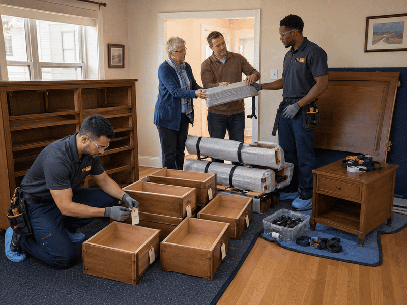 People unpacking and moving furniture in a living room, with boxes and wrapped items on the floor.