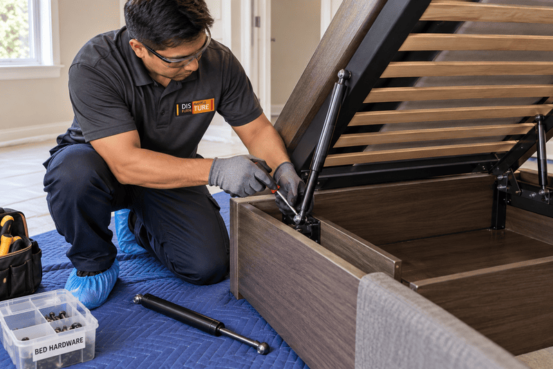 Technician in gloves repairing a storage bench with open lid, using tools on a blue floor mat