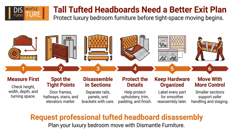 Infographic on professional tufted headboard disassembly steps to protect bedroom furniture during a move.