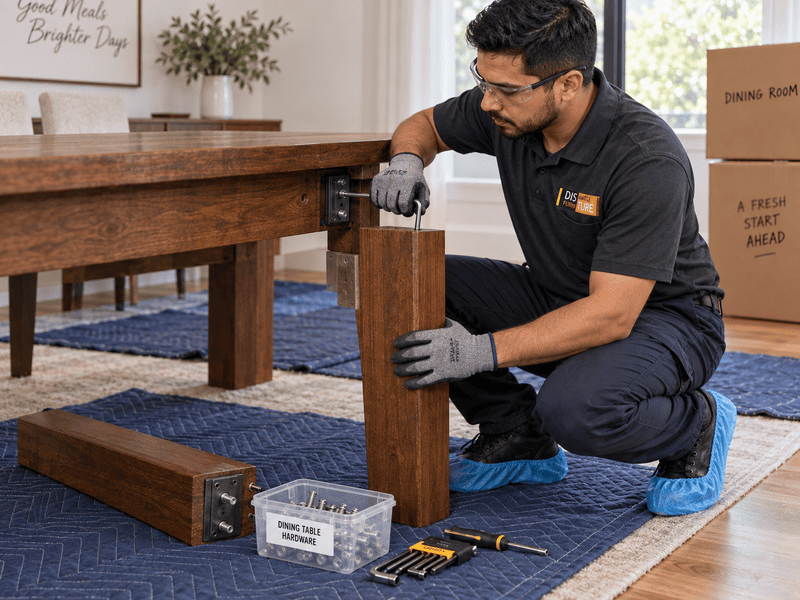 Worker assembling a wooden table frame on a blue rug with tools nearby.