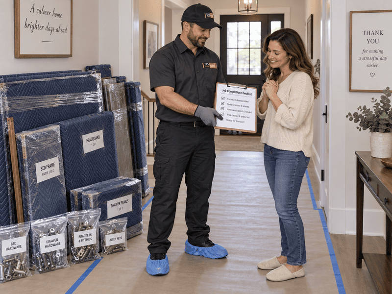 Two people in a hallway discuss a sign beside stacked packaged flooring samples.