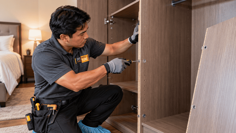 Technician installing a wooden cabinet in a home interior, kneeling with tools on his belt.