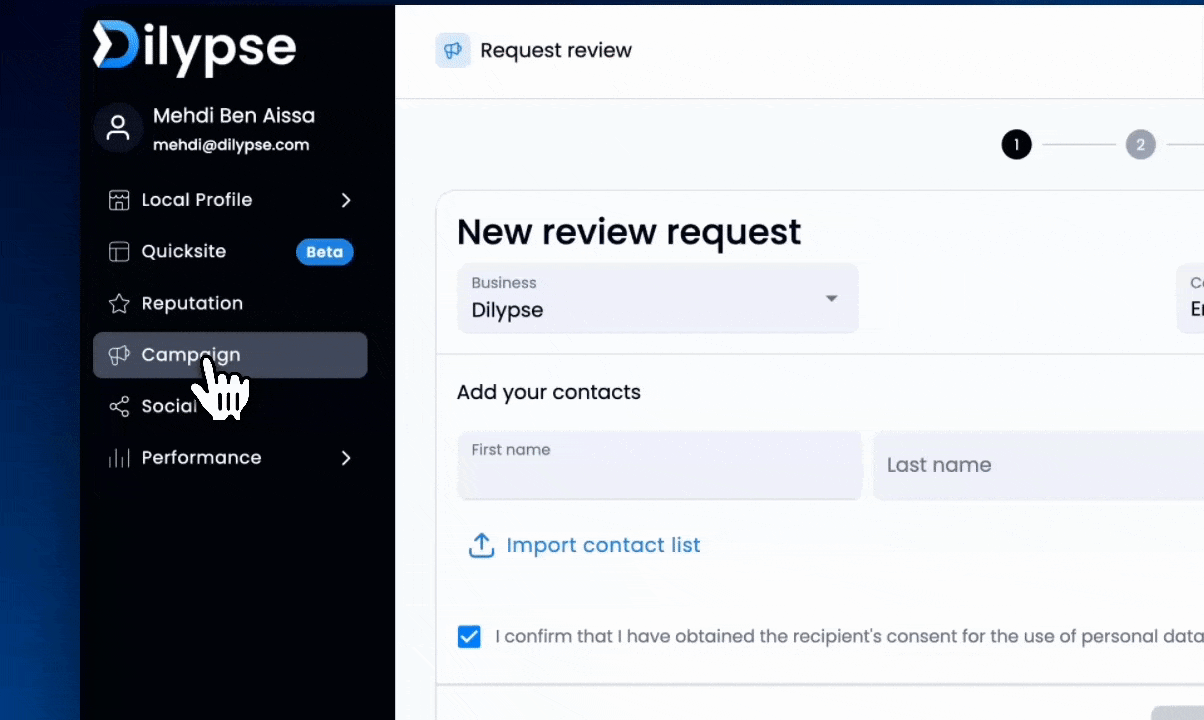 the Dilypse dashboard with a screenshot of a review request on a website.