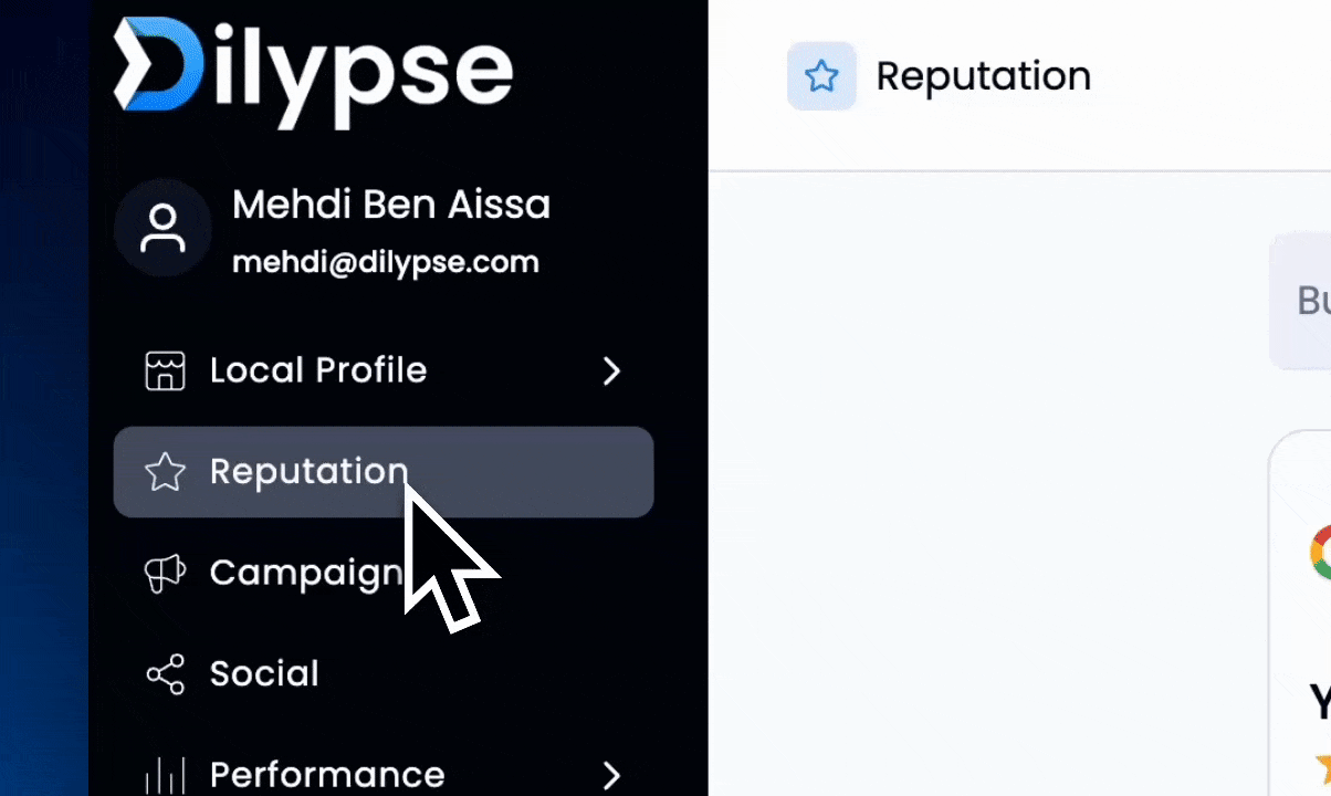 The Dilypse dashboard with screenshot of a website with a review on it.