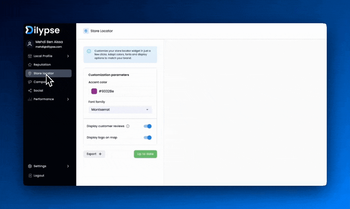 the Dilypse dashboard with a screenshot of a review request on a website.