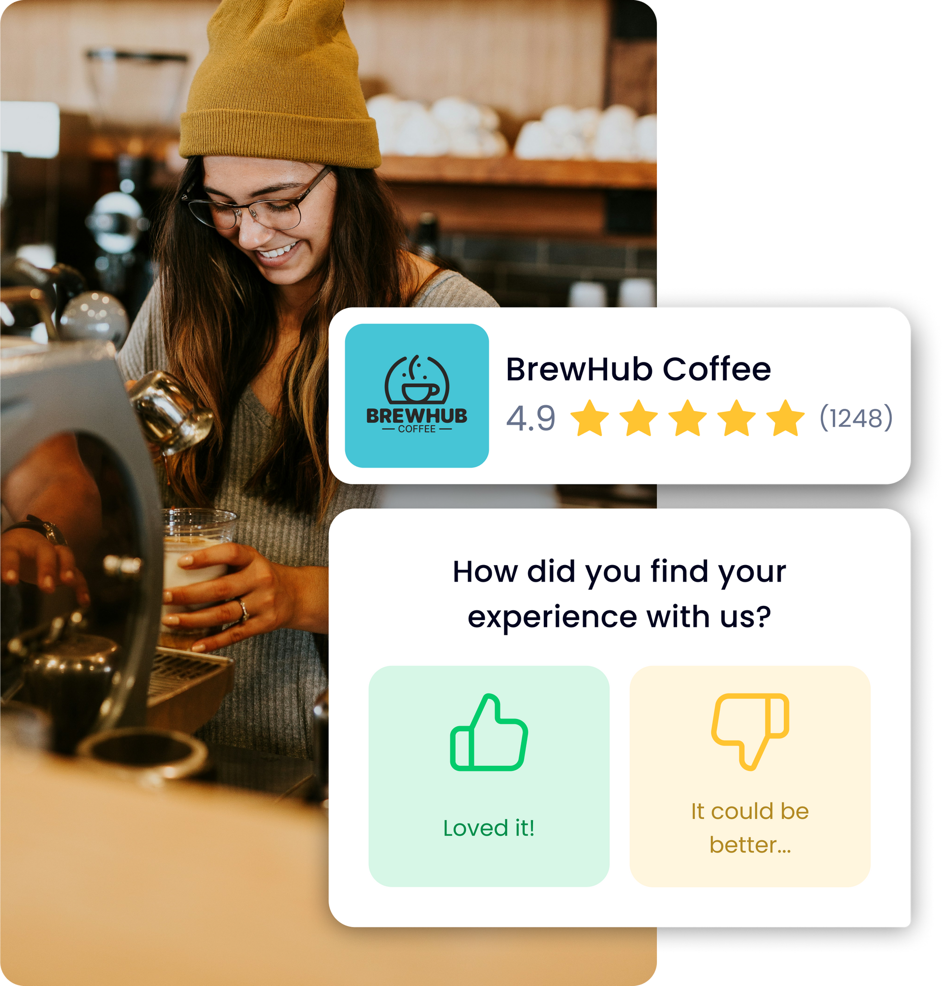 A woman is pouring coffee into a cup in a coffee shop next to a Google review.