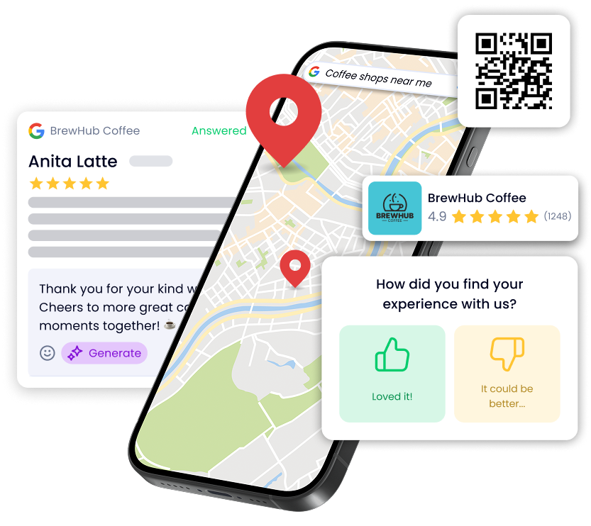 A cell phone with a map on the screen and a Google review.