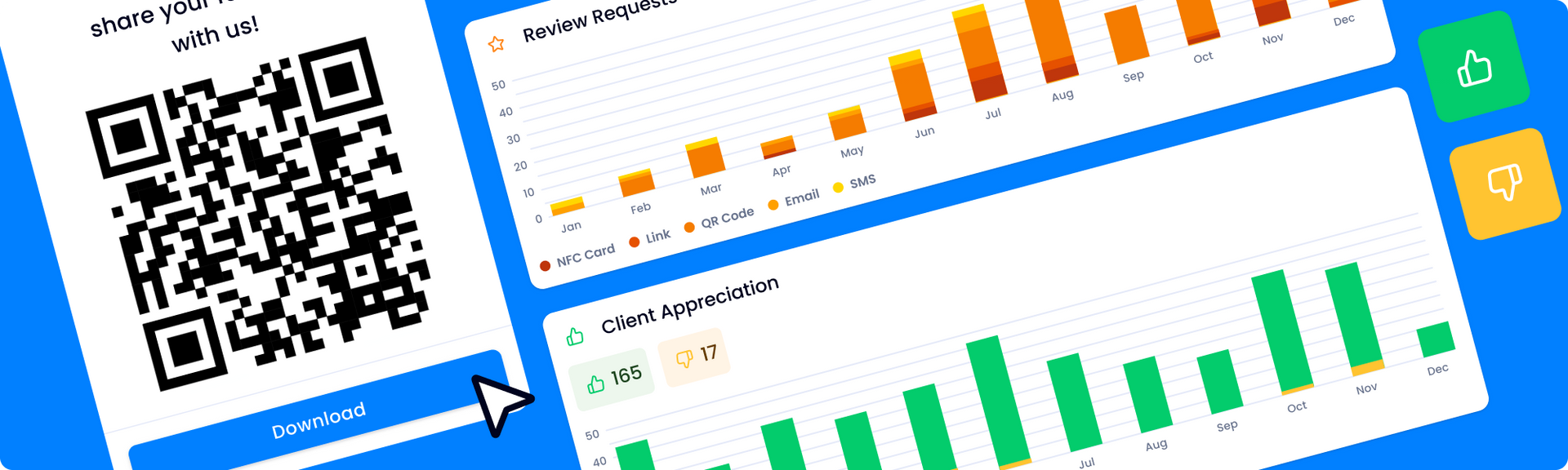 A screenshot of a dashboard on a blue background.