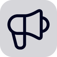 A black and white icon of a megaphone on a gray background.