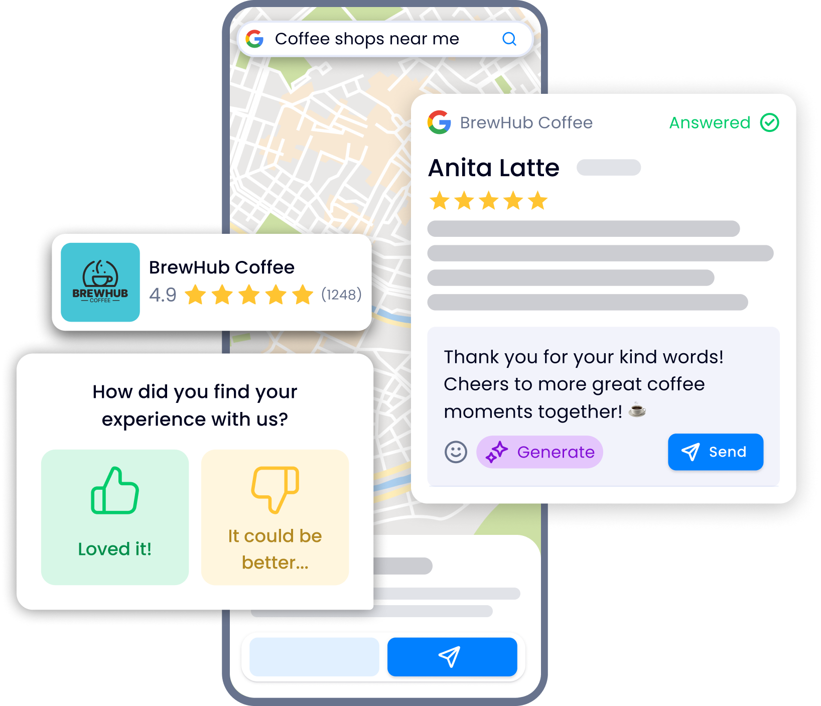 A cell phone with a map and a review on it.