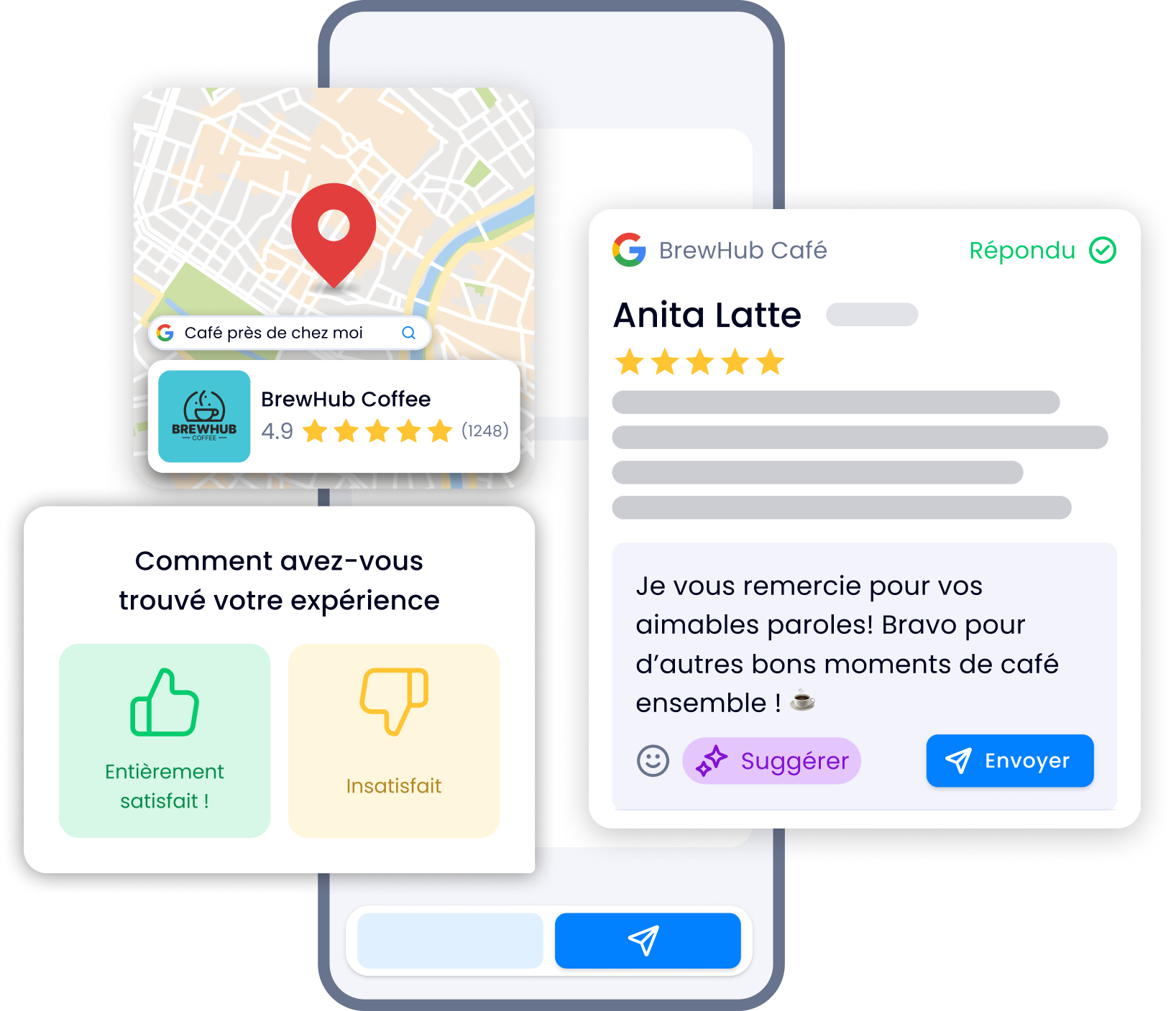 A cell phone with a map and a review on it.