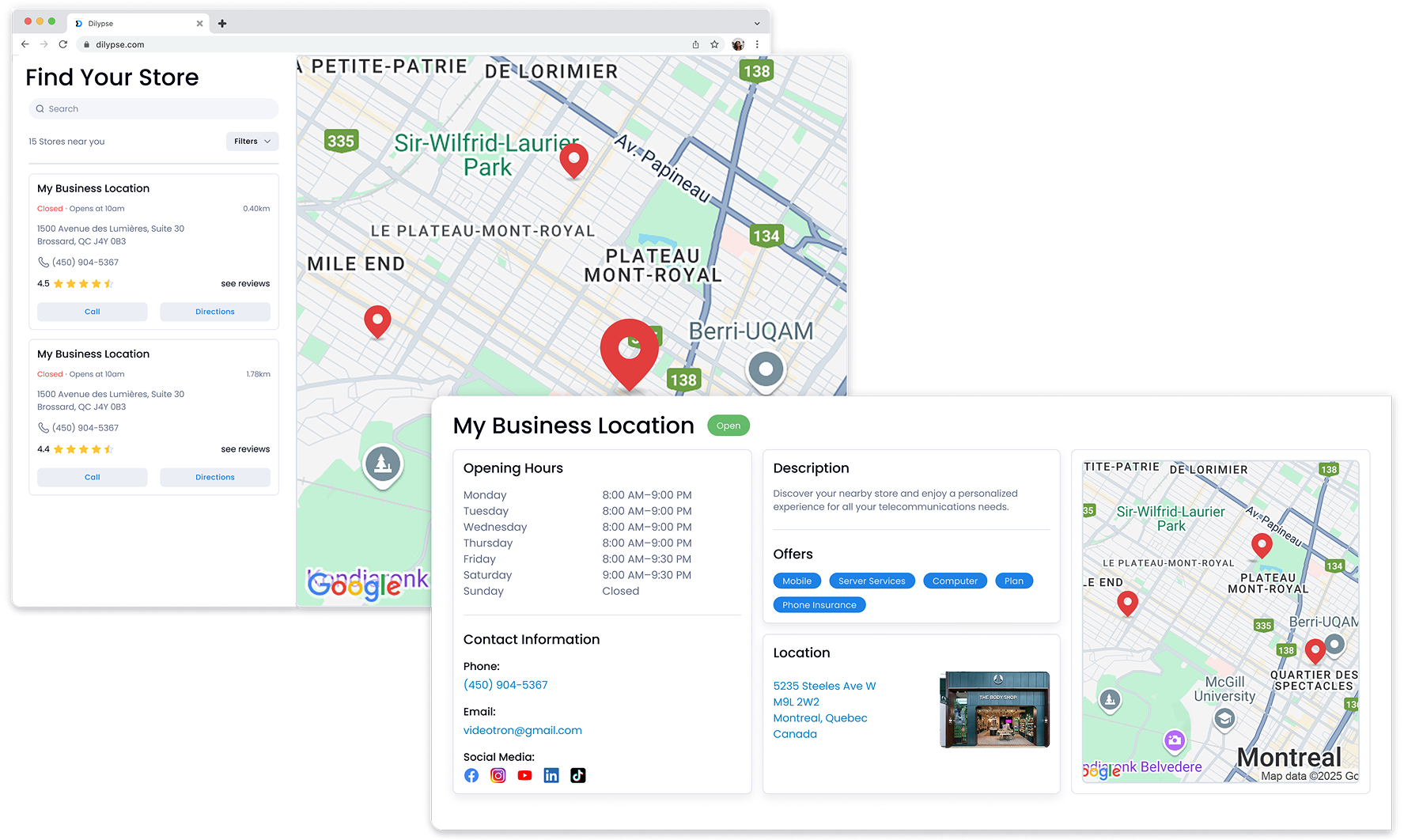 A cell phone with a map and a review on it.