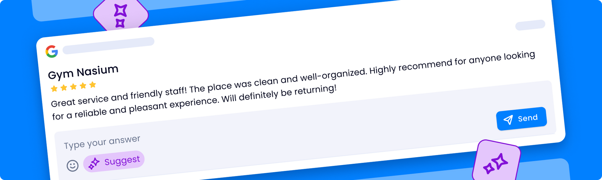 A close up of a google review on a blue background.