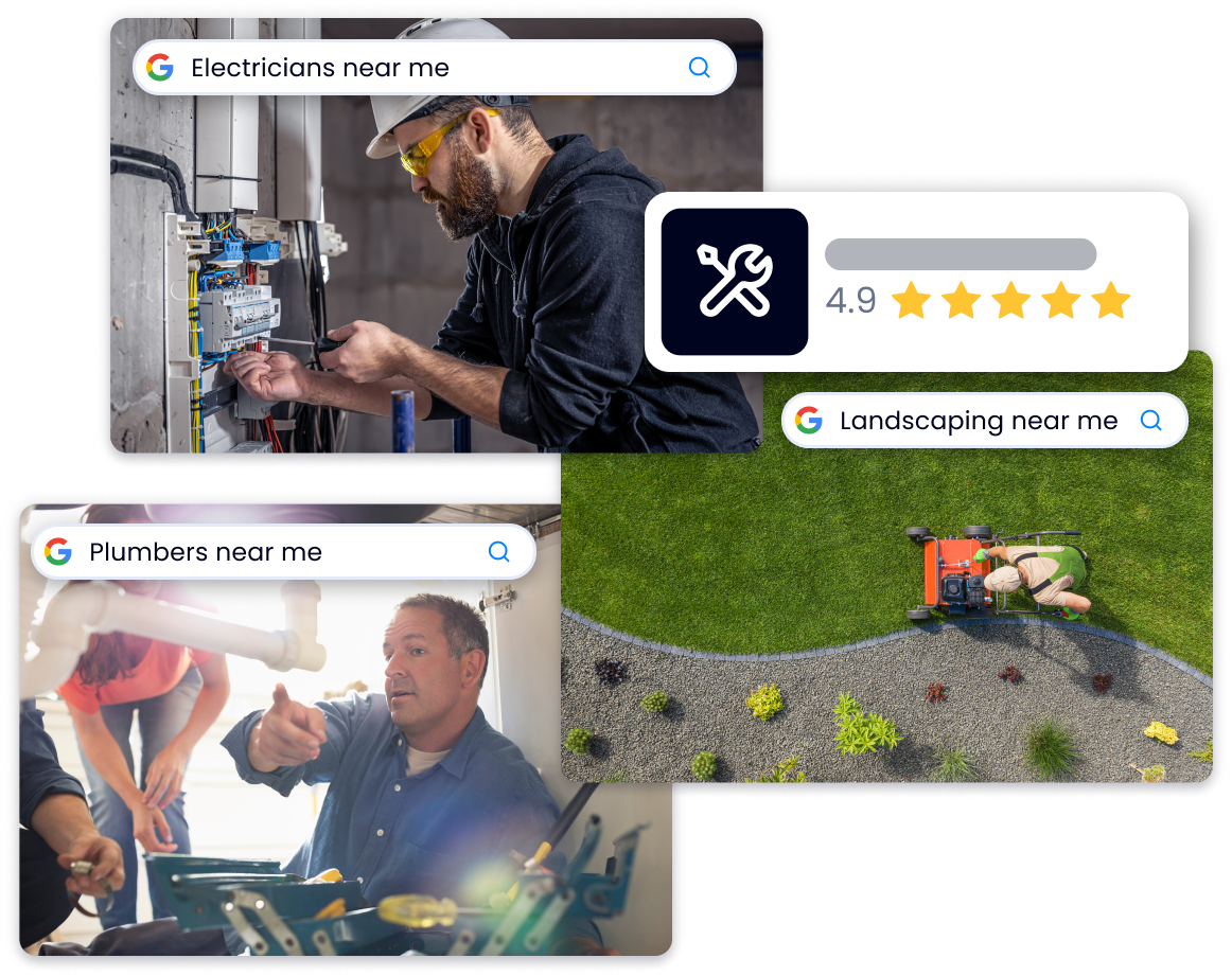 A collage of pictures of a man working on a pipe and a lawn mower next to a customer review.