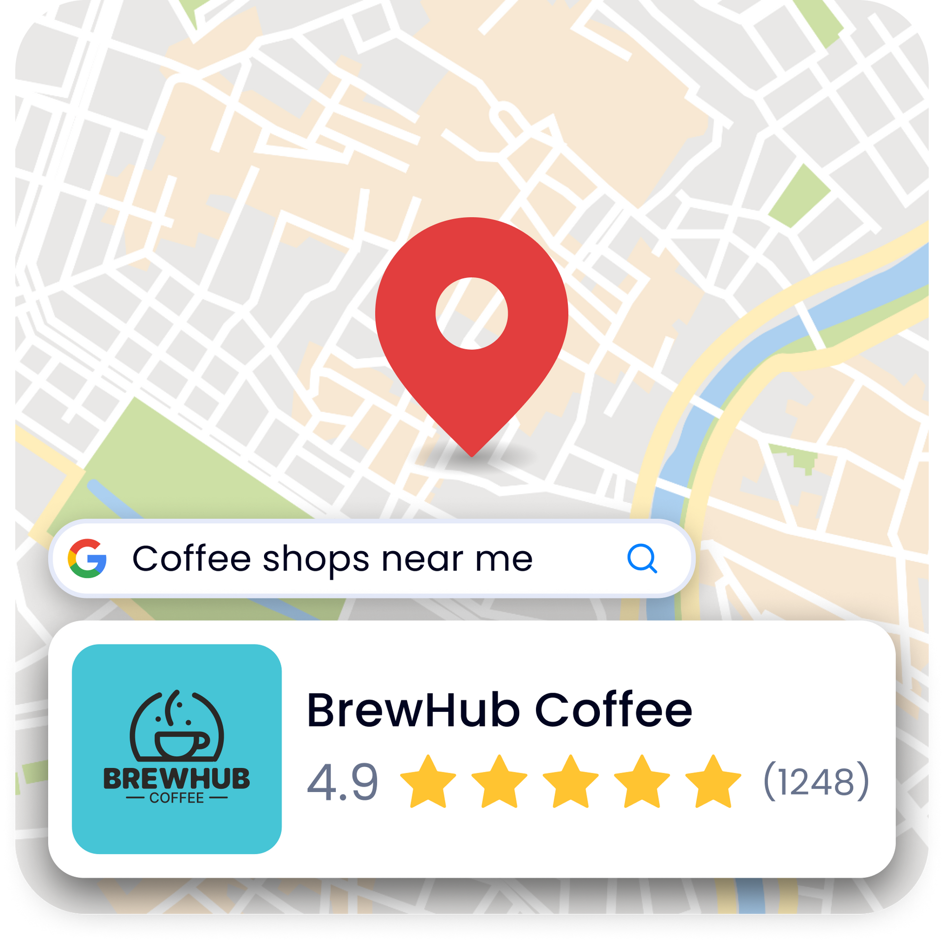 A map of a city with a red pin pointing to brewhub coffee.