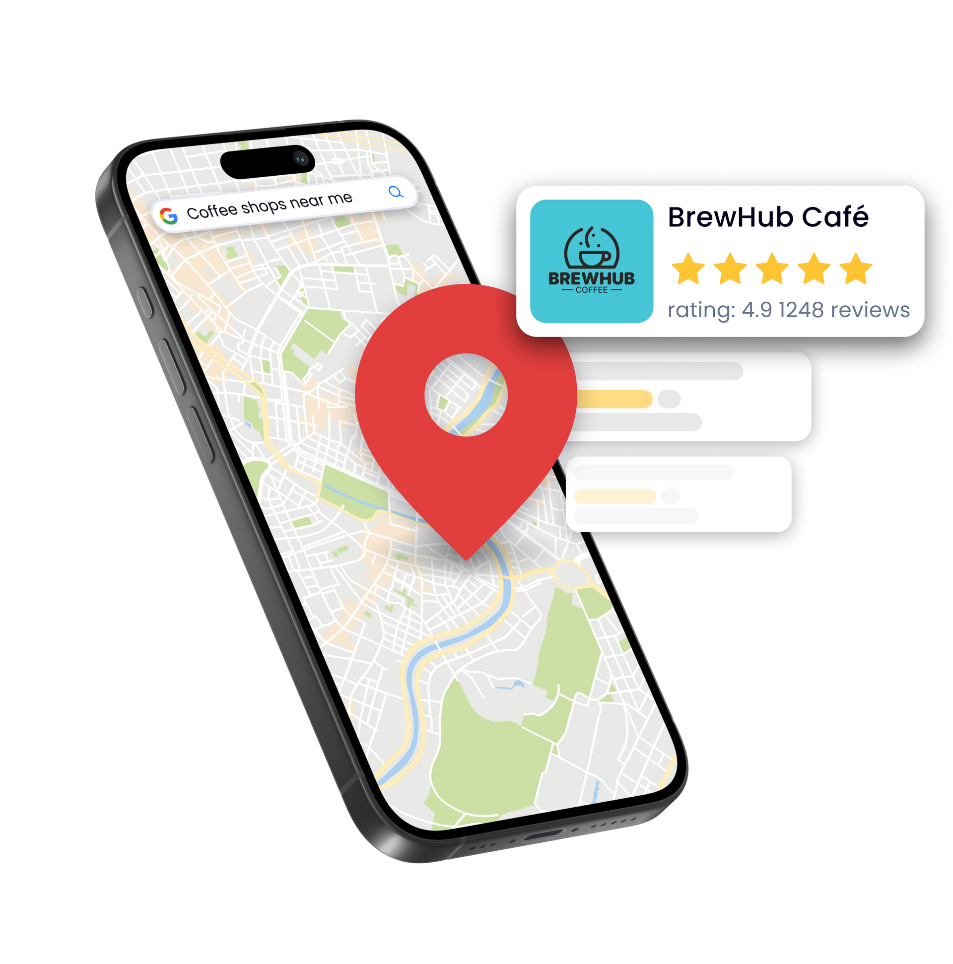 A cell phone with a map and a red pin on it.