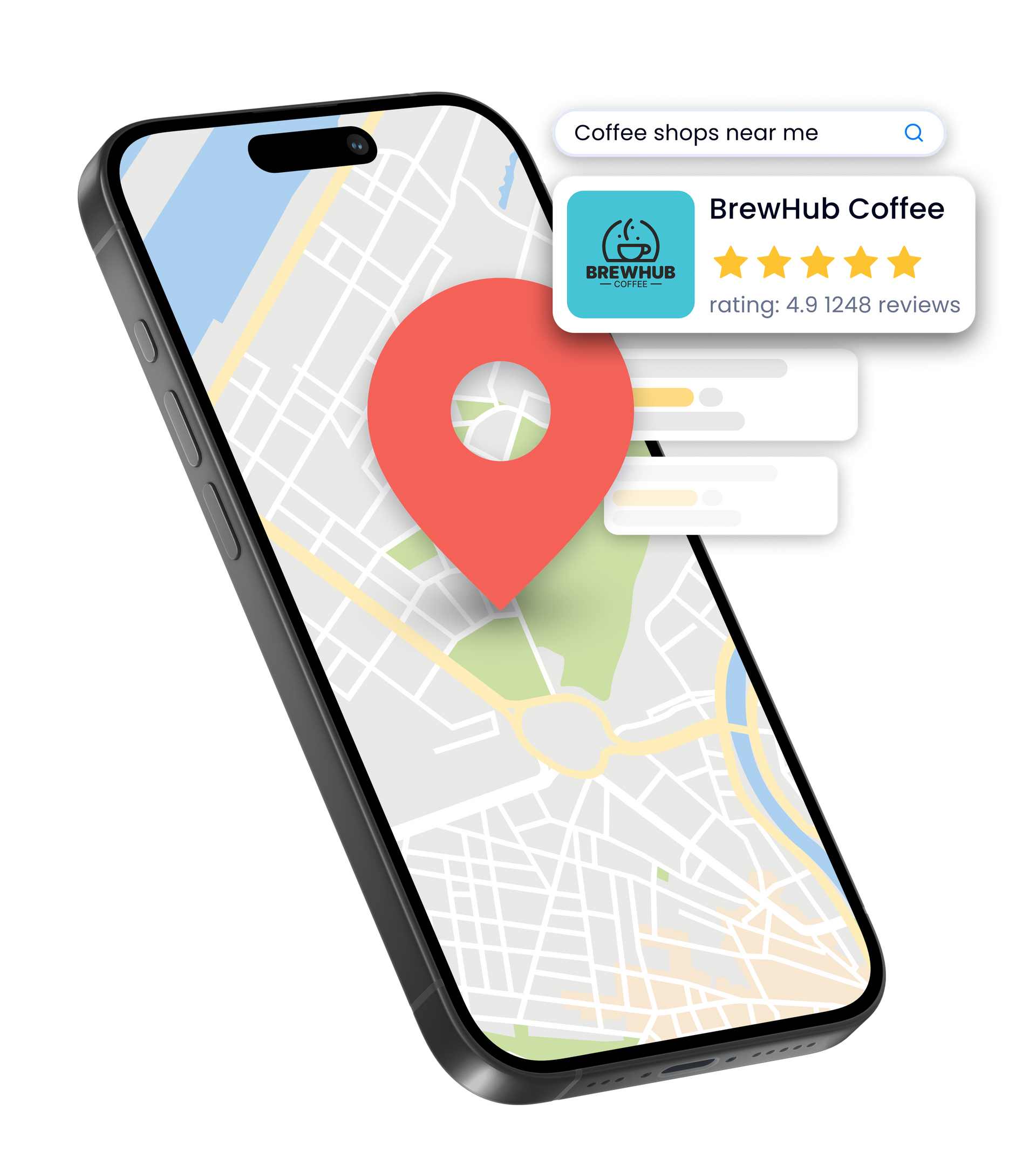A cell phone with a map and a pin on it next to a Google review.