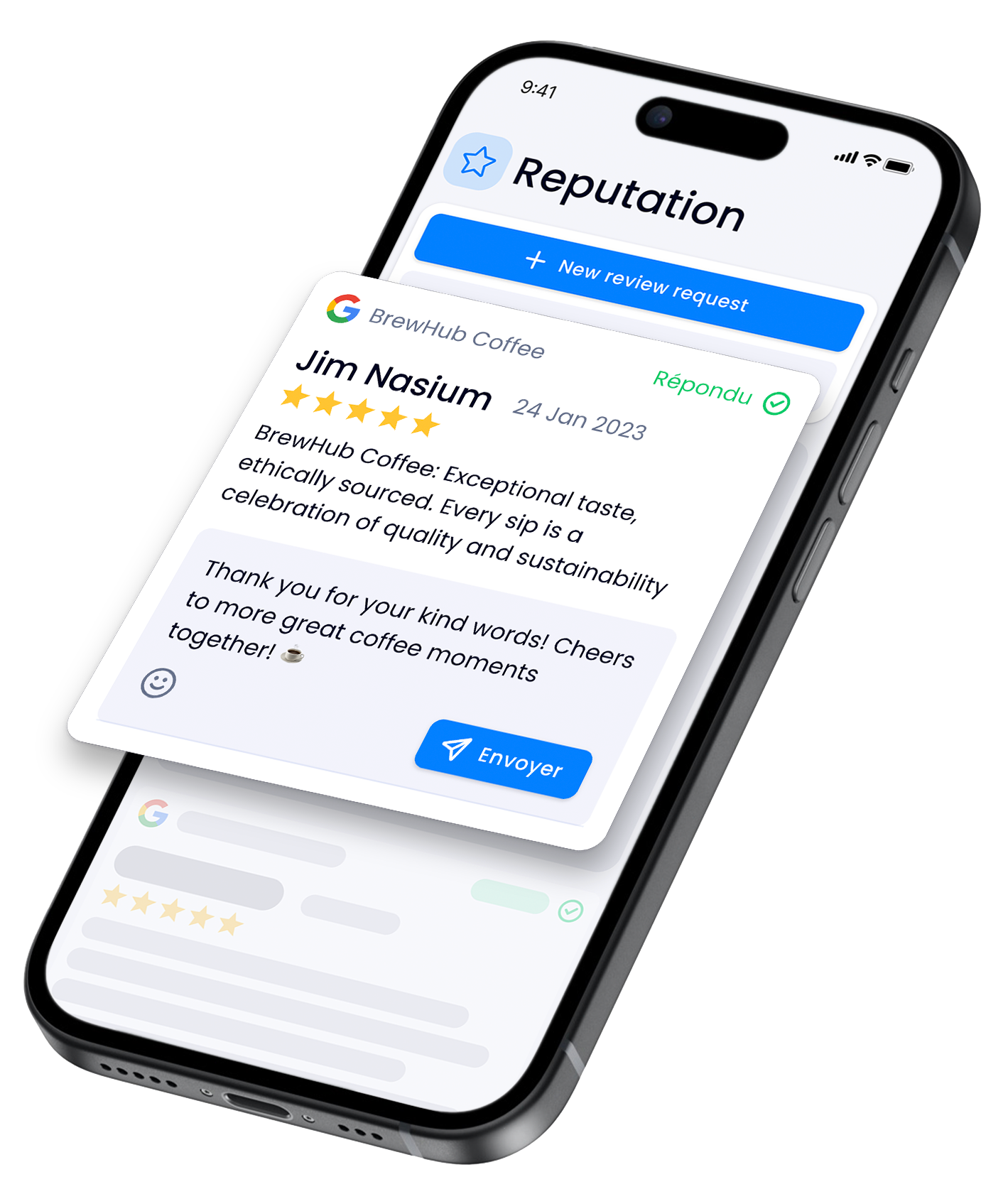 A cell phone with a reputation page on the screen.