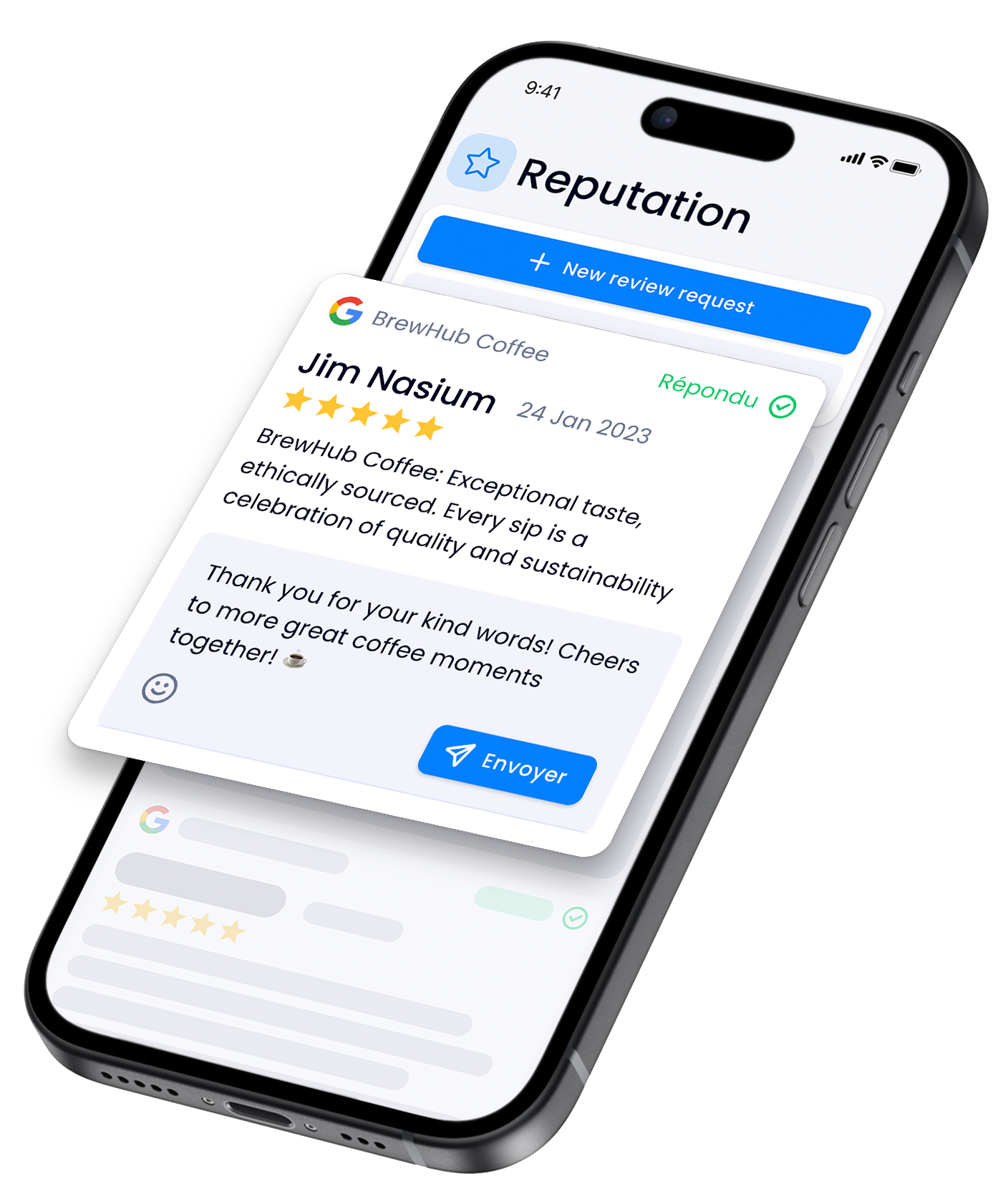A cell phone with a reputation card on the screen.