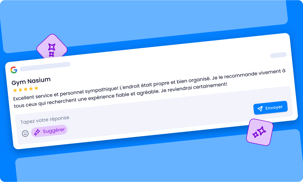 A screenshot of a google review on a blue background.