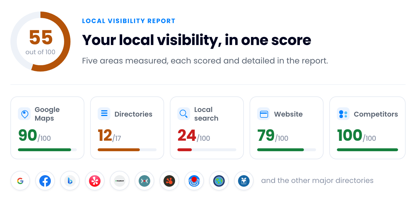 Result card: the overall local visibility score and a score for each of the five areas measured