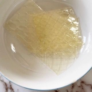 Un pezzo di gelatina è immerso in una ciotola d'acqua.