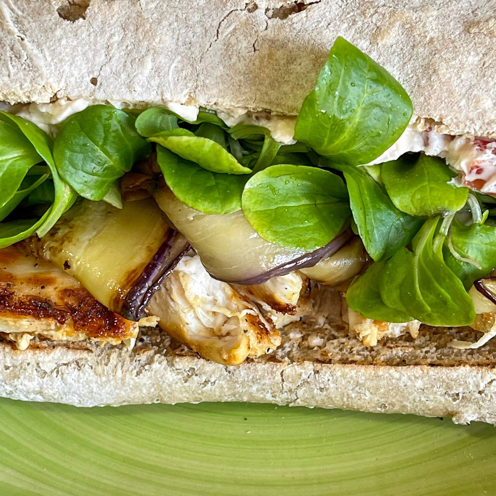Un primo piano di un panino su un piatto verde