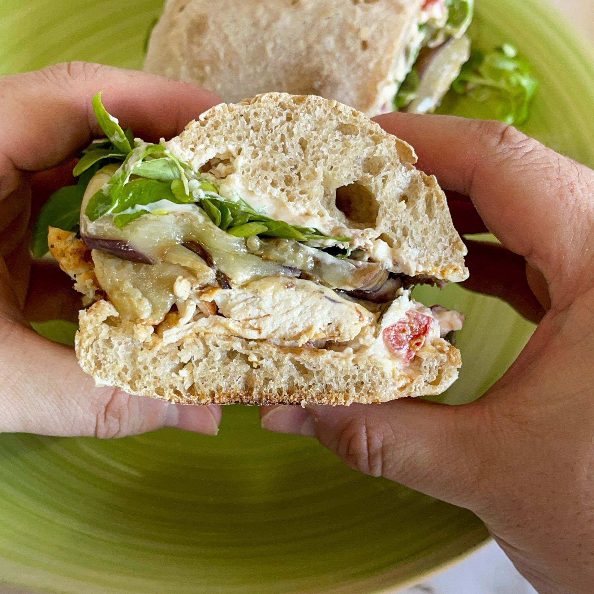 Una persona tiene in mano un panino su un piatto verde