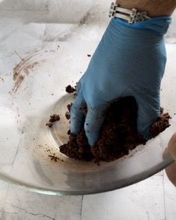 Una persona che indossa guanti blu tiene in mano una ciotola di cibo