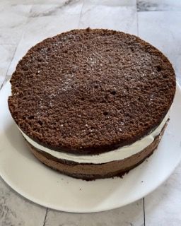 Una torta al cioccolato con panna montata su un piatto bianco