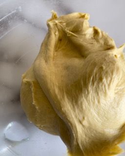 Impasto del panettone gastronomico perfettamente incordato e staccato dal gancio