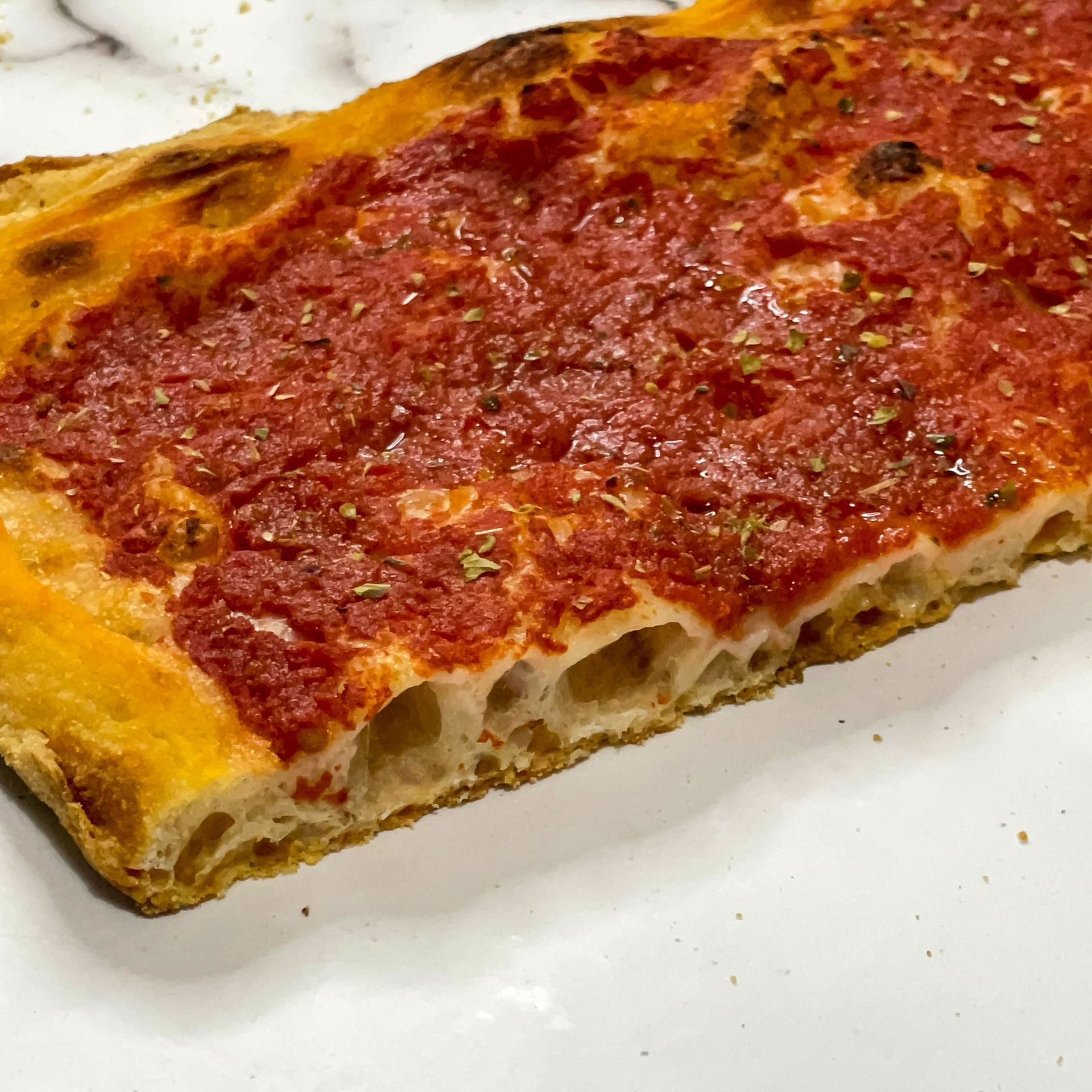 Una fetta di pizza con salsa di pomodoro su un piatto bianco.