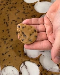 Una persona tiene in mano un biscotto con gocce di cioccolato.