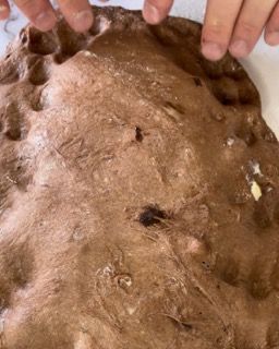 Una persona tiene in mano un pezzo di pasta al cioccolato.