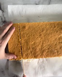 Una persona tiene in mano un pezzo di torta su un bastoncino.