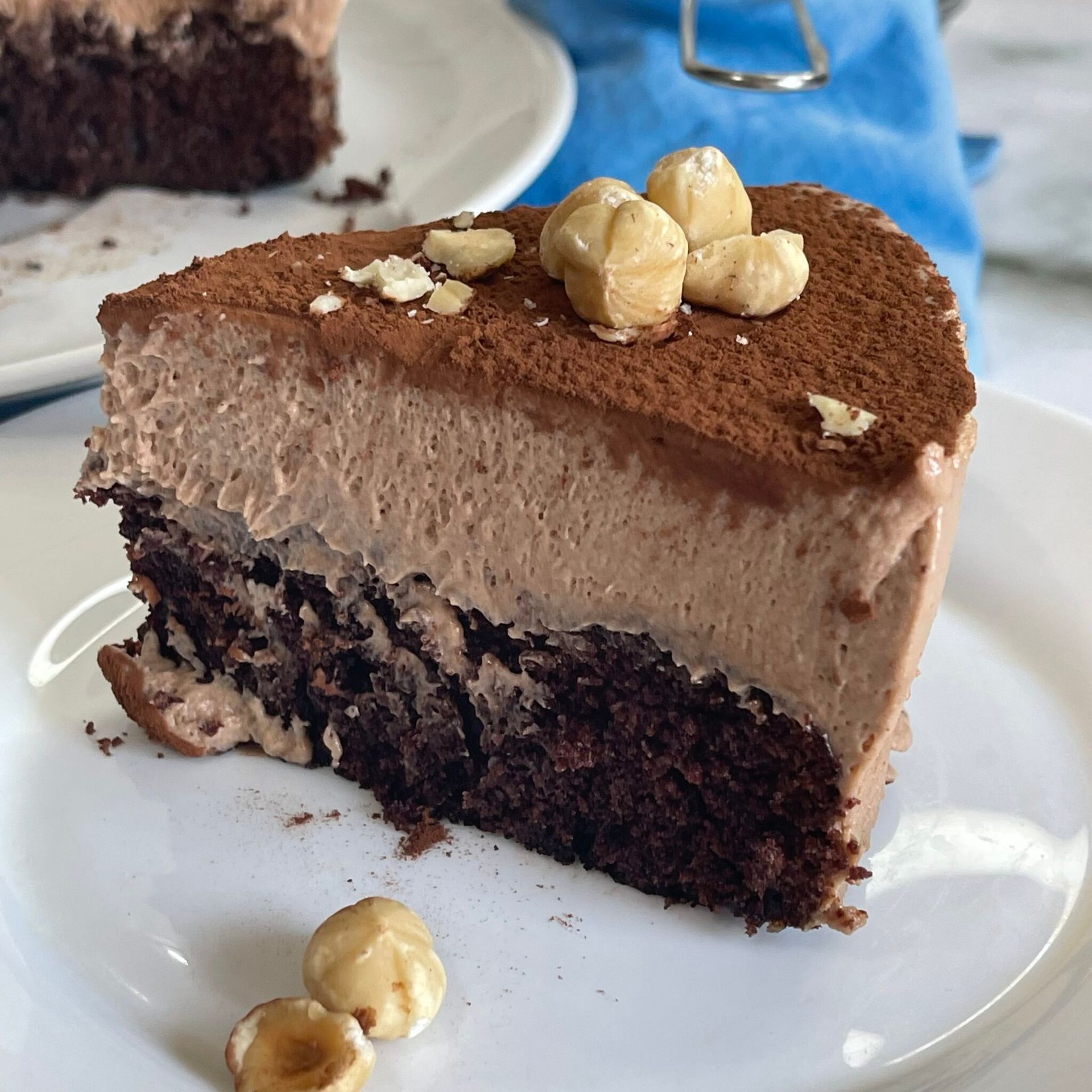 Una fetta di torta al cioccolato con noci sopra su un piatto bianco