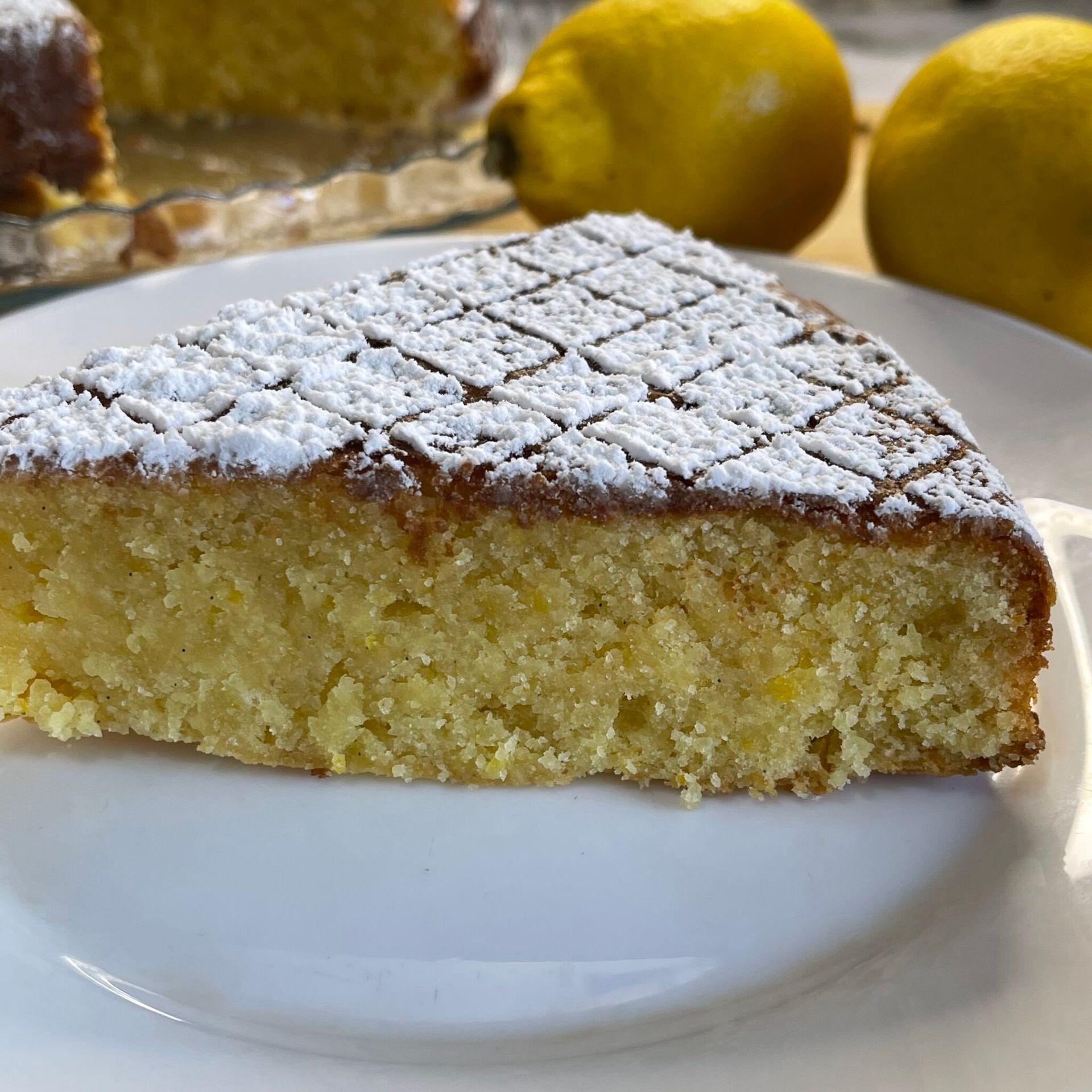 Una fetta di torta con zucchero a velo sopra su un piatto bianco