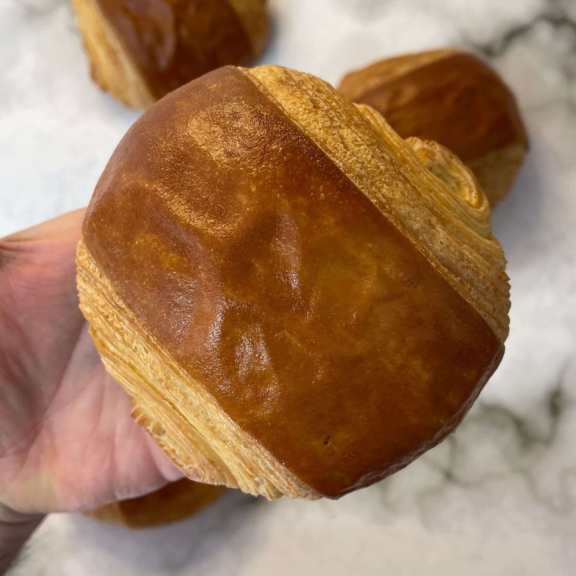 Pain au chocolat dorati e perfettamente sfogliati, appena sfornati.