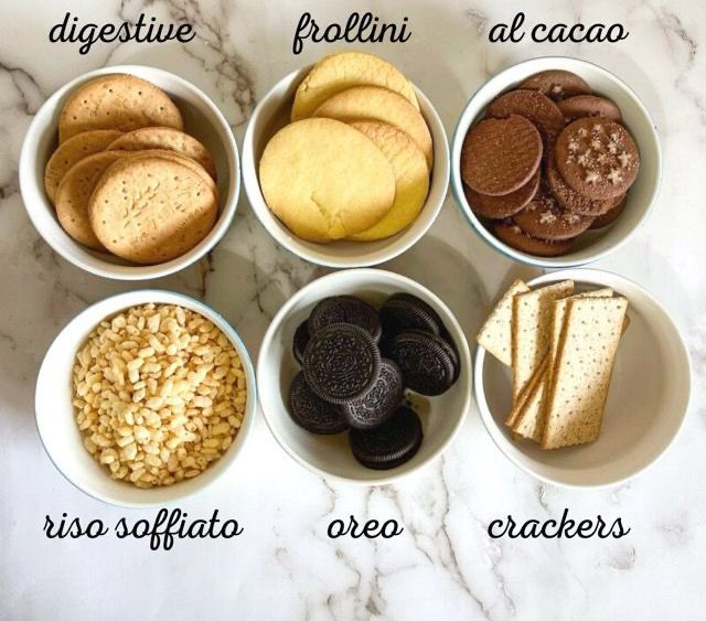 Several bowls of food including digestive frollini al cacao crackers and riso soffiato
