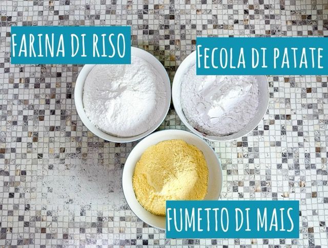 Three bowls of different types of flour including farina di riso fecola di patate and fumetto di mais
