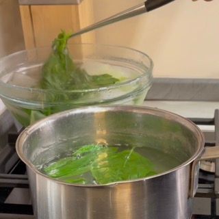 Shock termico delle erbe aromatiche nel ghiaccio per fissare la clorofilla verde smeraldo.
