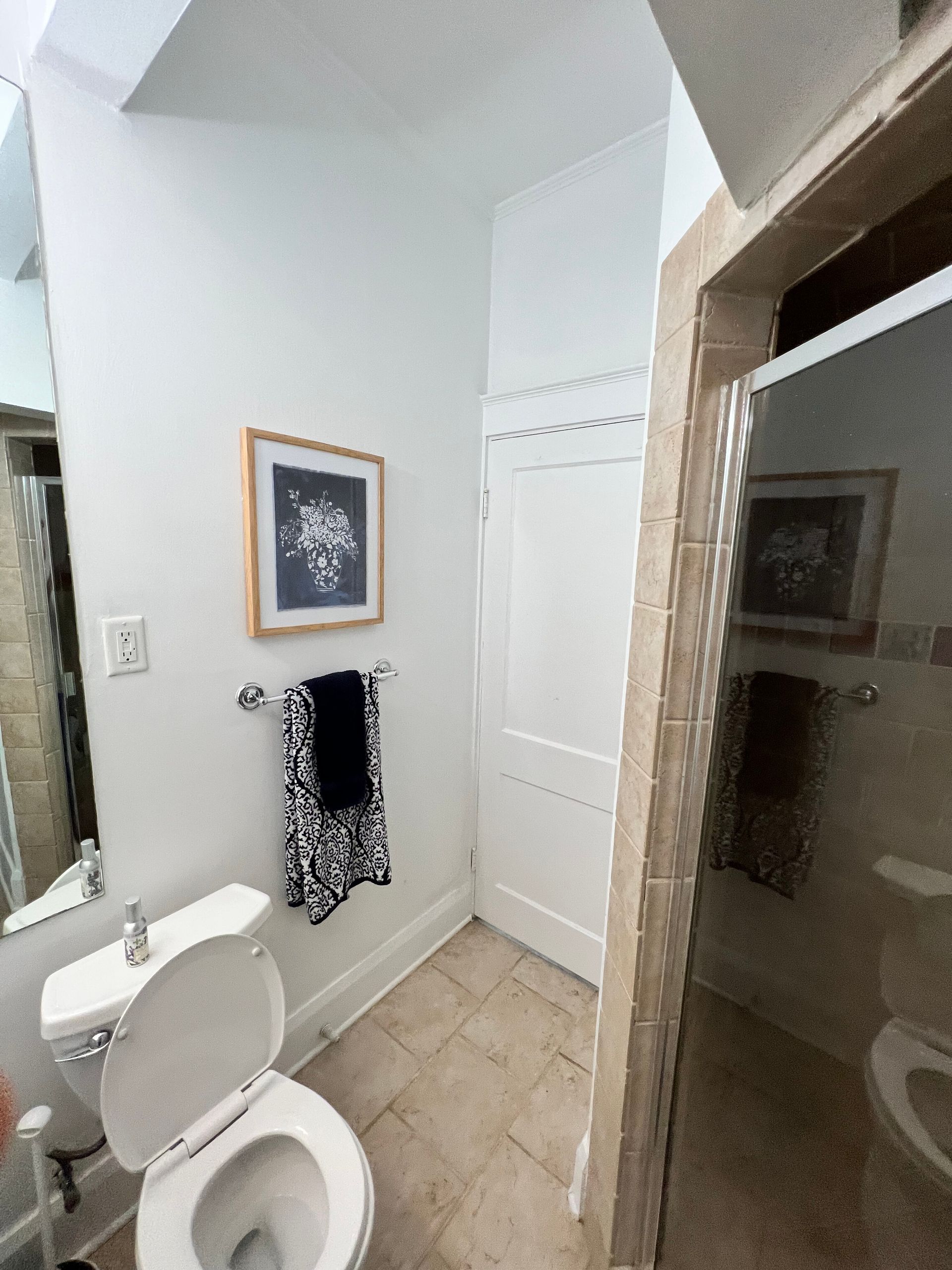 Small bathroom with an open toilet, framed wall art, towel rack, and tiled shower doorway.