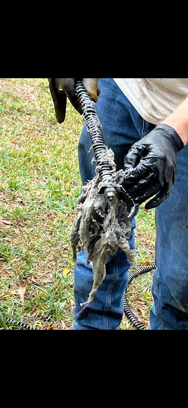Gloved person holding a muddy, gray-brown animal while standing on grass outdoors