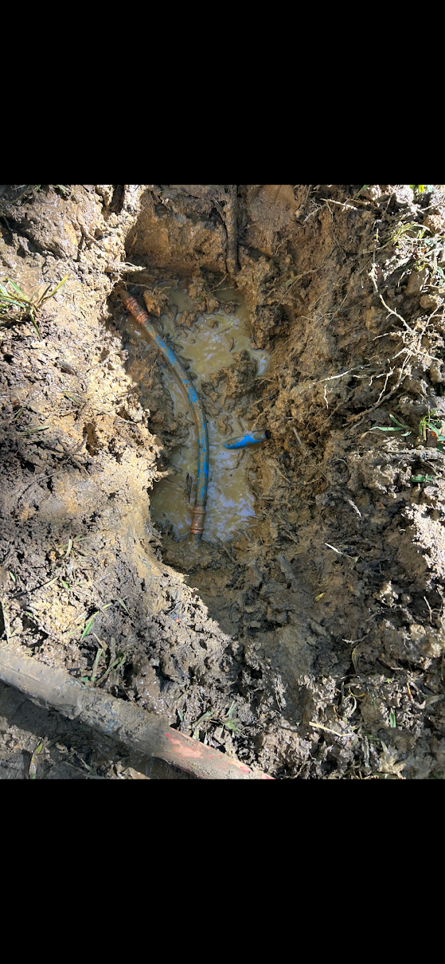 Close-up of a muddy excavation hole with a blue pipe or cable and tree roots exposed.