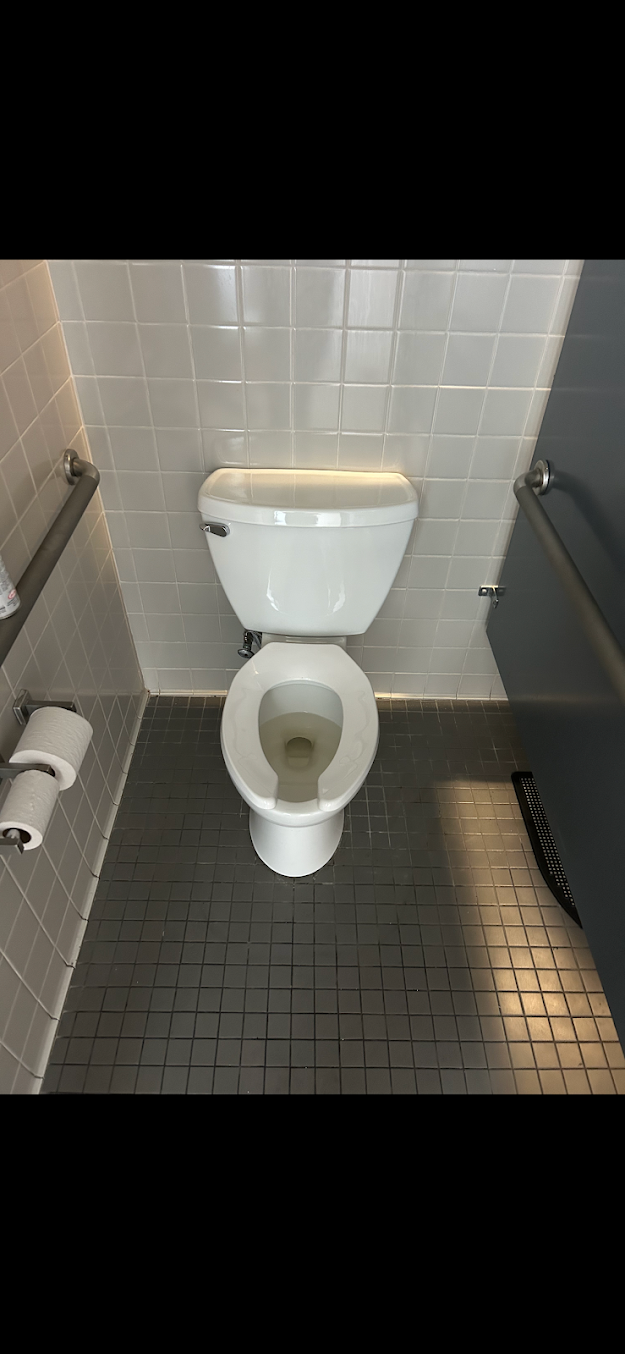 Public restroom with a white toilet against tiled walls and dark floor tiles.