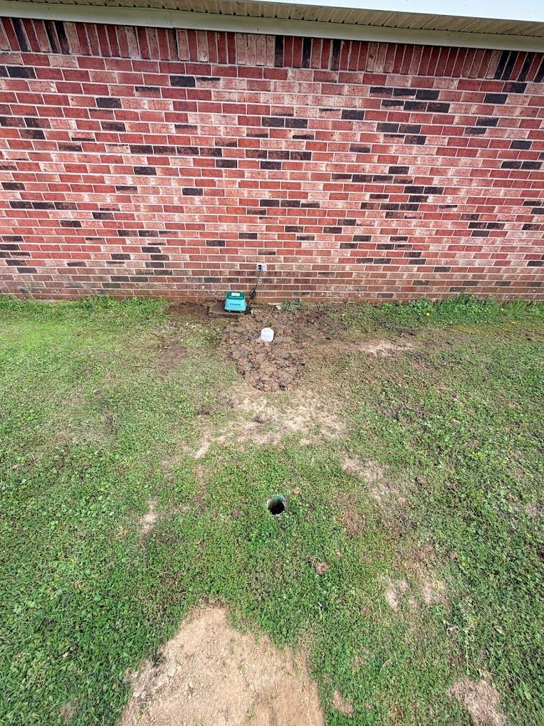 Backyard lawn with a brick wall, exposed dirt strip, and a small blue utility box near the wall