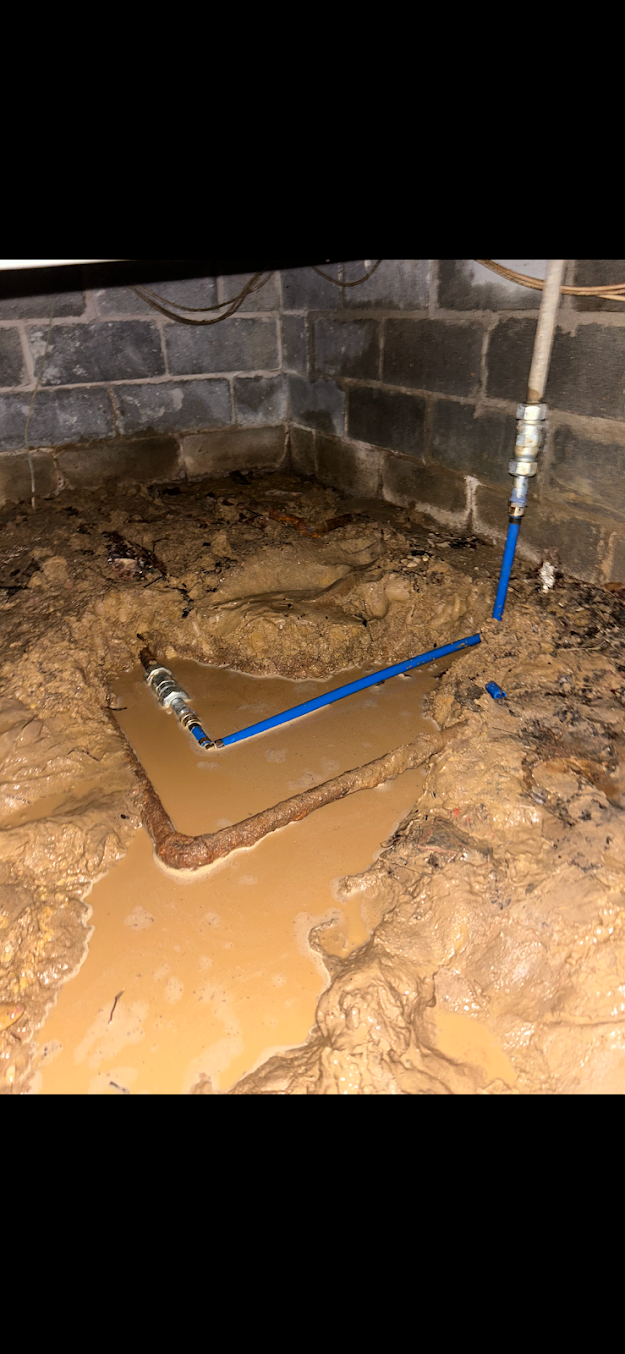 Water-filled muddy basement corner with a cinder block wall and a blue-handled tool or rod on the floor