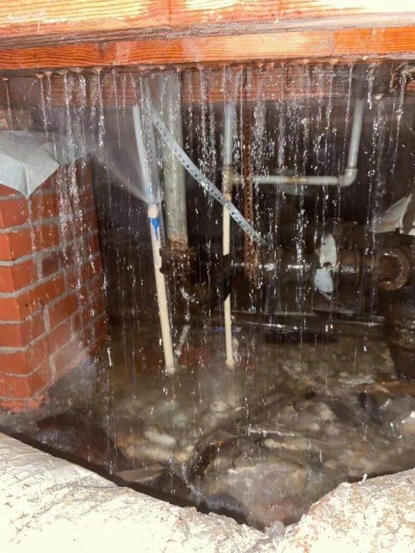 Flooded basement with standing water, exposed pipes, and brick walls under a wooden floor beam.