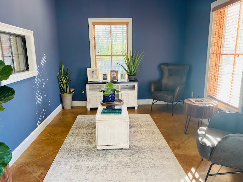 Bright living room with blue walls, white rug, seating, potted plants, and a window letting in natural light
